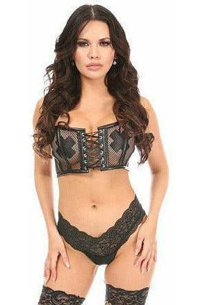 Lavish Black Fishnet & Faux Leather Lace-Up Short Bustier Top - Daisy Corsets