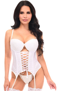 Lavish White Lycra & Lace Hook & Eye Lace-Up Bustier Corset w/Garters