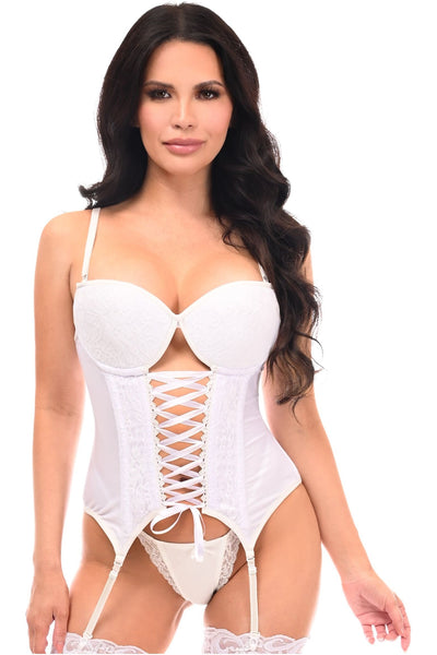 Lavish White Lycra & Lace Hook & Eye Lace-Up Bustier Corset w/Garters