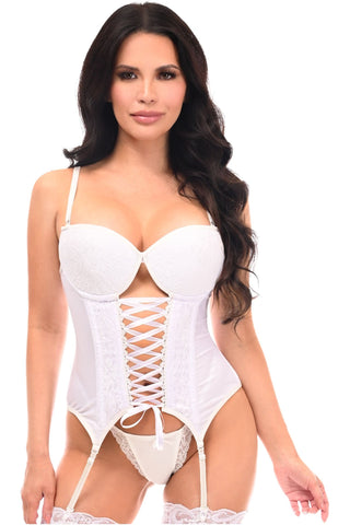 Lavish White Lycra & Lace Hook & Eye Lace-Up Bustier Corset w/Garters