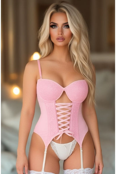 Lavish Lt Pink Lycra & Lace Hook & Eye Lace-Up Bustier Corset w/Garters
