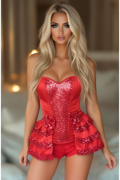 LIMITED EDITION Top Drawer Red Satin & Sequin Steel Boned Corset w/Removable Snap Skirt