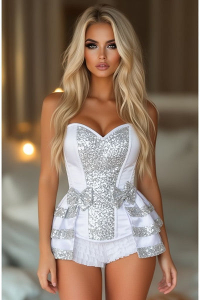 LIMITED EDITION Top Drawer White/Silver Satin & Sequin Steel Boned Corset w/Removable Snap Skirt