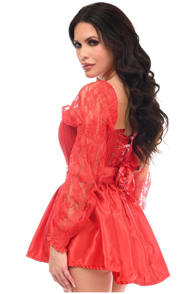 Top Drawer 2 PC Red Lace Steel Boned Corset & Satin Skirt Set