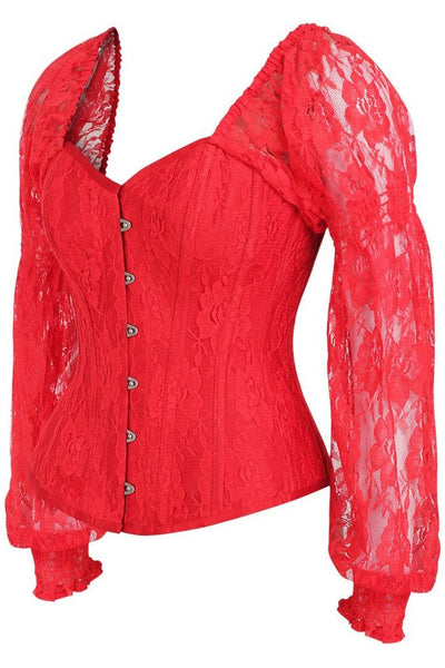 Top Drawer Red w/Red Lace Steel Boned Long Sleeve Corset