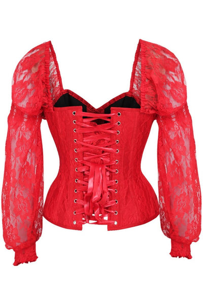 Top Drawer Red w/Red Lace Steel Boned Long Sleeve Corset