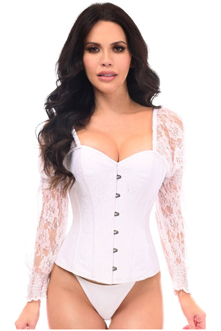 Top Drawer White w/White Lace Steel Boned Long Sleeve Corset