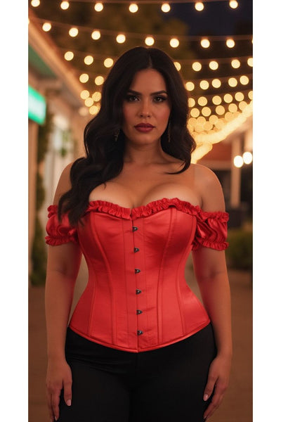 Top Drawer Steel Boned Red Satin Overbust Corset w/Sleeves