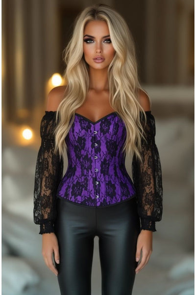 LIMITED EDITION Top Drawer Purple w/Black Lace Steel Boned Long Sleeve Corset