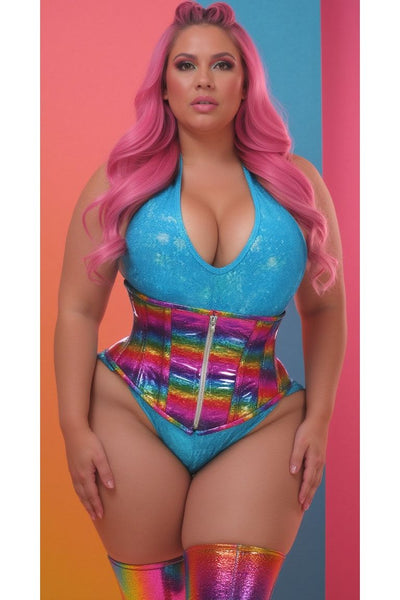 Top Drawer Rainbow Glitter Holo Steel Boned Mid Under Bust Corset