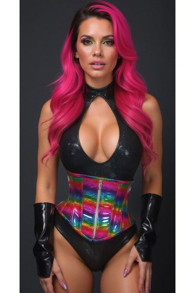 Top Drawer Rainbow Glitter Holo Steel Boned Mid Under Bust Corset