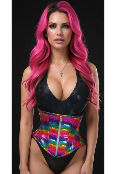 Top Drawer Rainbow Glitter Holo Steel Boned Mid Under Bust Corset