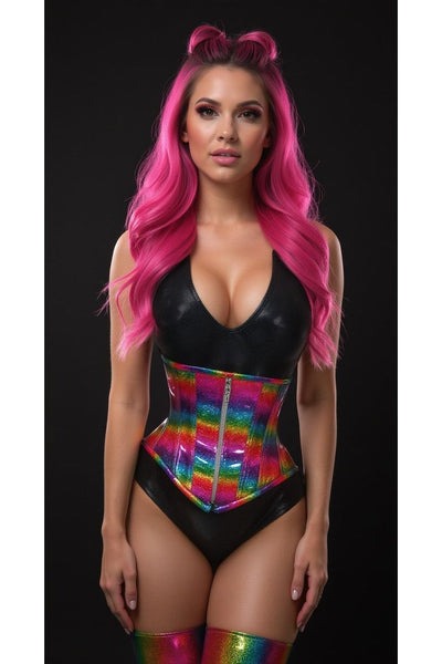 Top Drawer Rainbow Glitter Holo Steel Boned Mid Under Bust Corset
