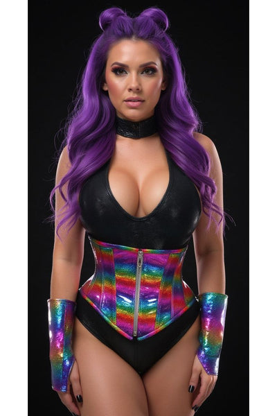 Top Drawer Rainbow Glitter Holo Steel Boned Mid Under Bust Corset