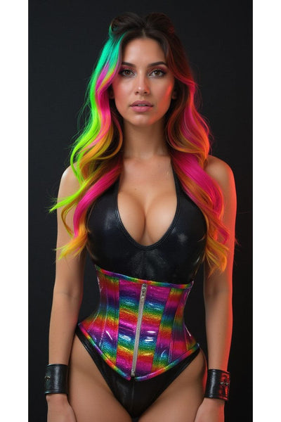 Top Drawer Rainbow Glitter Holo Steel Boned Mid Under Bust Corset
