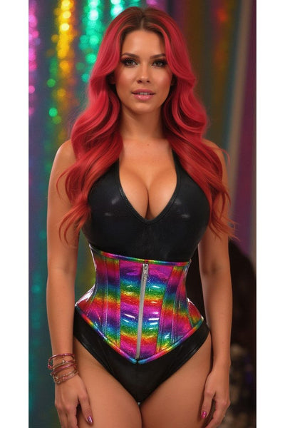 Top Drawer Rainbow Glitter Holo Steel Boned Mid Under Bust Corset