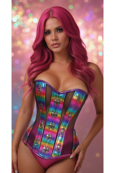 Top Drawer Rainbow Glitter PVC & Black Fishnet Steel Boned Over Bust Corset