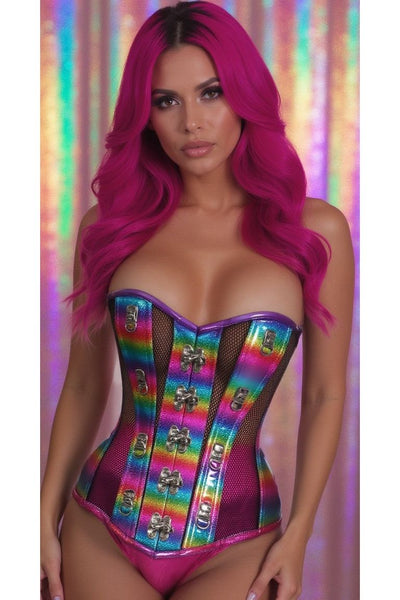Top Drawer Rainbow Glitter PVC & Black Fishnet Steel Boned Over Bust Corset
