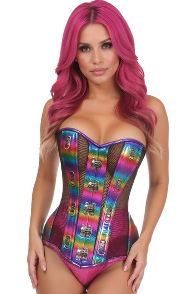 Top Drawer Rainbow Glitter PVC & Black Fishnet Steel Boned Over Bust Corset