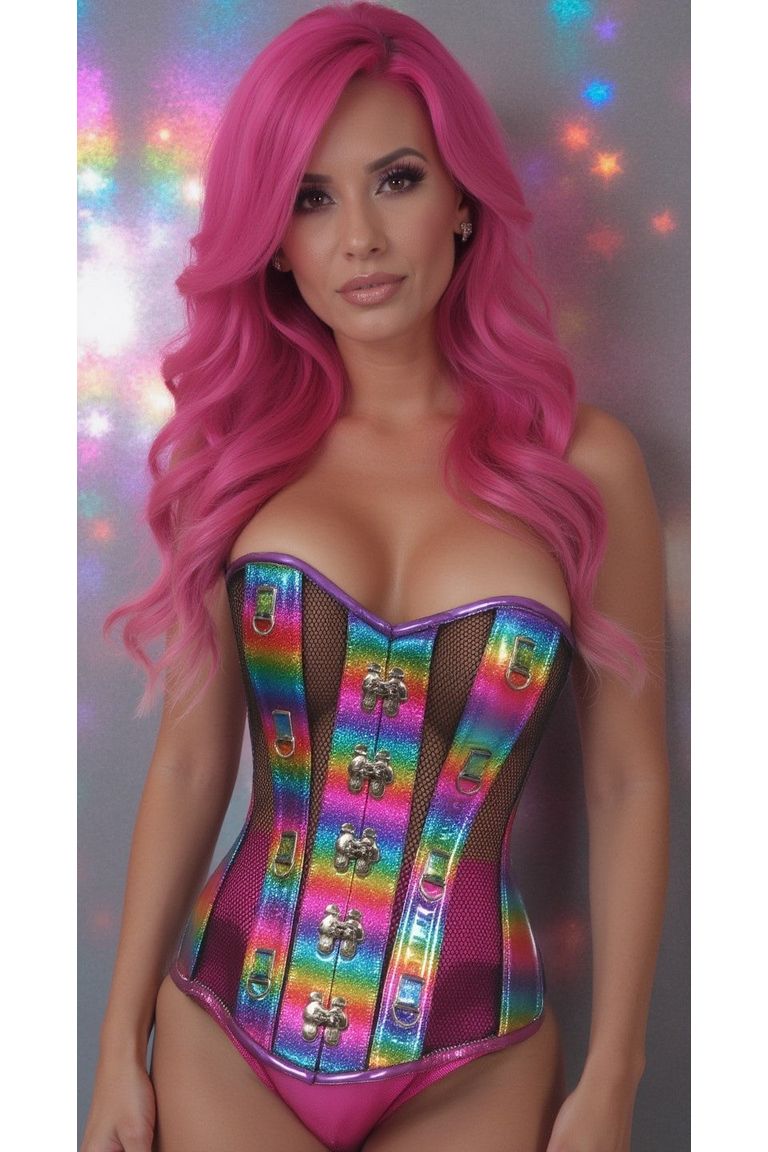 Top Drawer Rainbow Glitter PVC & Black Fishnet Steel Boned Over Bust Corset