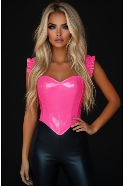 LIMITED EDITION Top Drawer Steel Boned Hot Pink Patent Ruffle Sleeve Bustier Corset