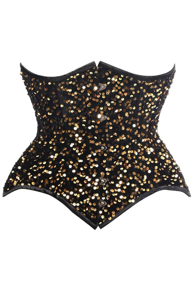 Top Drawer Black/Gold Sequin Steel Boned Underbust Cincher Corset