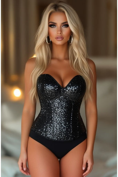 LIMITED EDITION Top Drawer Black Sequin Steel Boned Corset