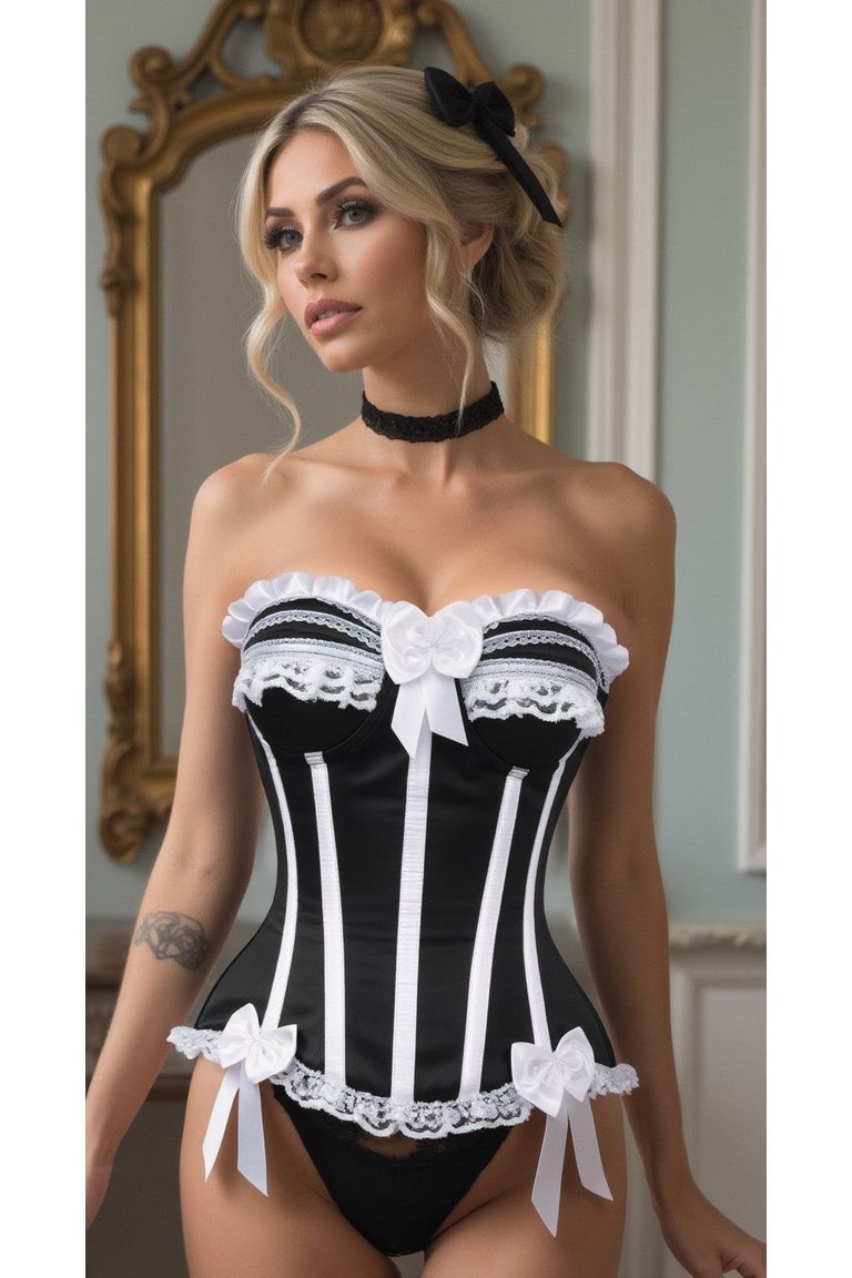 Top Drawer Black/White Steel Boned Burlesque Corset