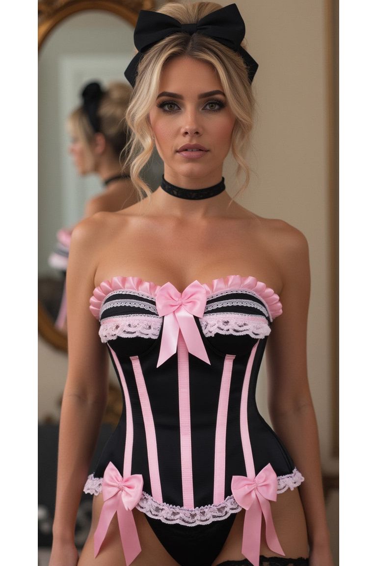 Top Drawer Black/Pink Steel Boned Burlesque Corset