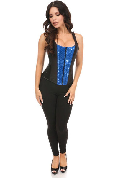 Top Drawer Black Satin & Blue Sequin Steel Boned Corset w/Straps