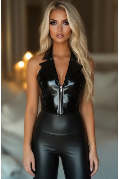 Top Drawer Black Patent Steel Boned Collared Bustier Top