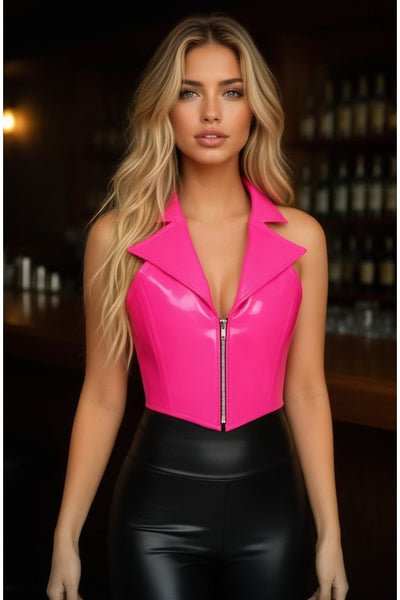 Top Drawer Hot Pink Patent Steel Boned Collared Bustier Top