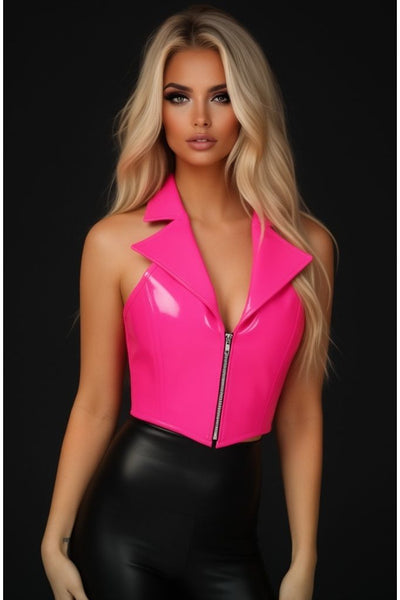 Top Drawer Hot Pink Patent Steel Boned Collared Bustier Top