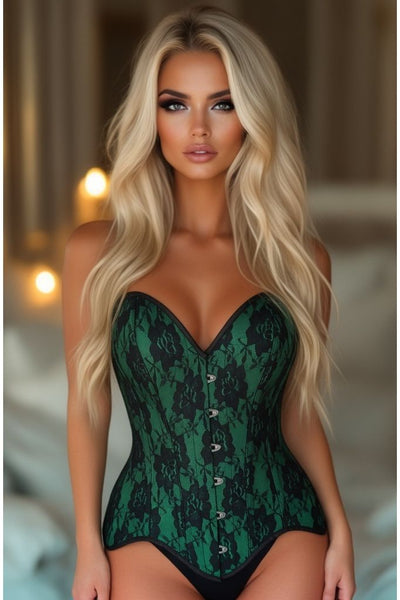 Top Drawer Green Satin w/Black Lace Overlay Steel Boned Overbust Corset