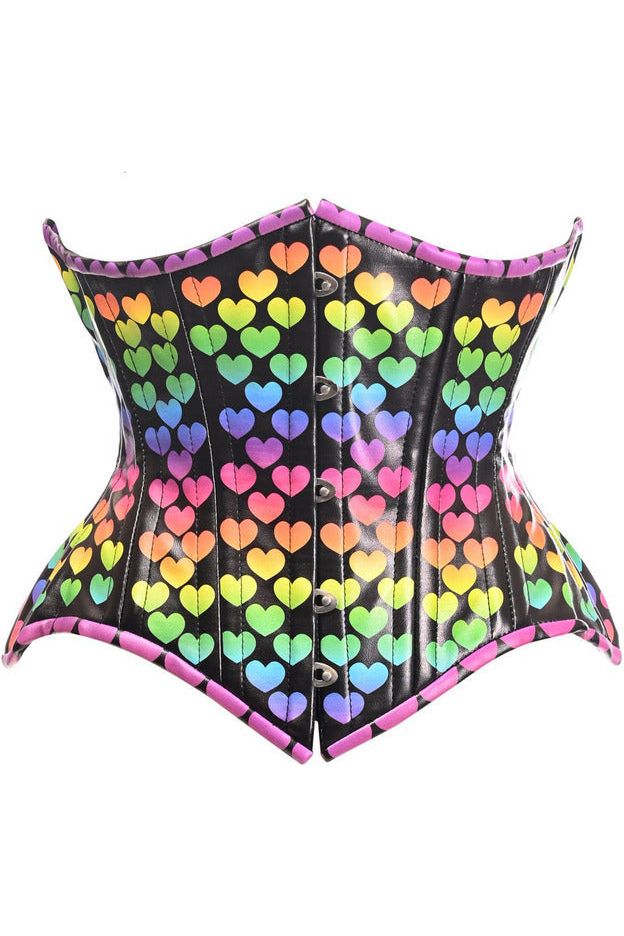 Top Drawer Rainbow Hearts Double Steel Boned Curvy Cut Underbust Cincher Corset