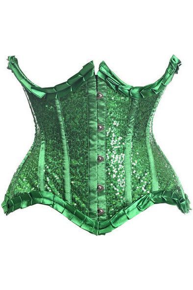 Top Drawer Green Satin & Sequin Underwire Curvy Cut Steel Boned Waist Cincher Corset