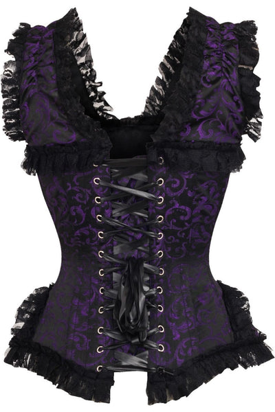 Top Drawer Purple/Black Swirl Brocade & Lace Steel Boned Corset w/Cap Sleeves