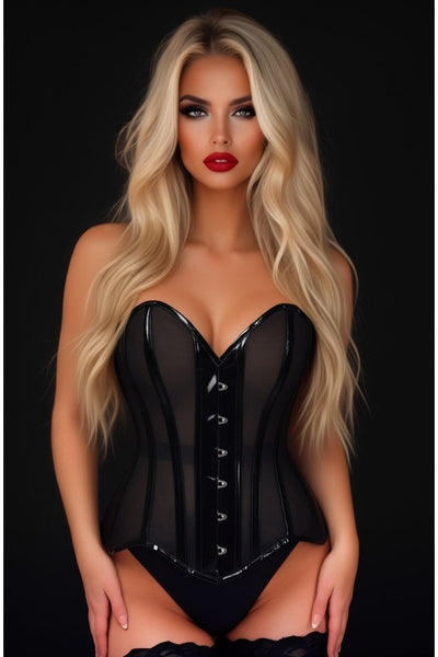 LIMITED EDITION Top Drawer Black Mesh Net w/Patent Steel Boned Overbust Corset