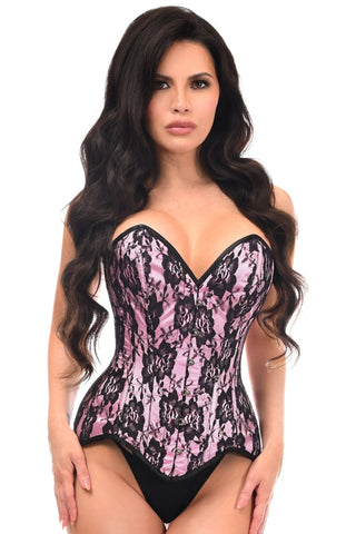 Top Drawer Pink Satin w/Black Lace Overlay Steel Boned Overbust Corset