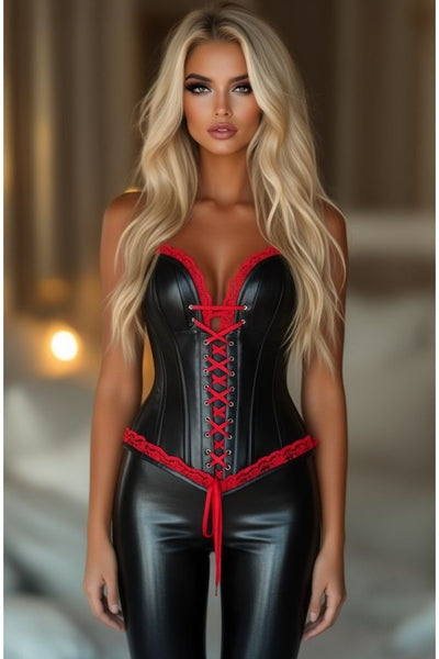 LIMITED EDITION Top Drawer Black Faux Leather & Red Lace Trim Steel Boned Corset