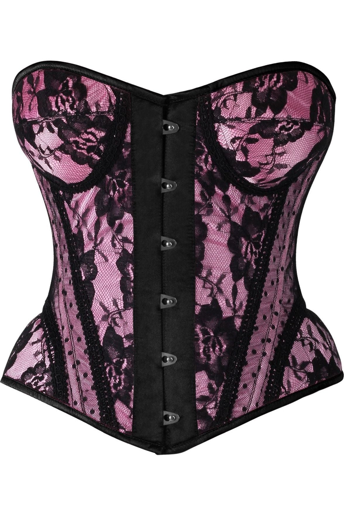 Top Drawer Pink Satin w/Black Lace Overlay Steel Boned Overbust Corset