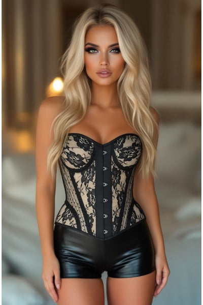 LIMITED EDITION Top Drawer Nude w/Black Lace Steel Boned Underwire Bustier Corset