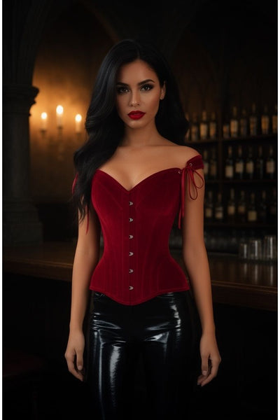Top Drawer Dark Red Velvet Steel Boned Corset w/Straps