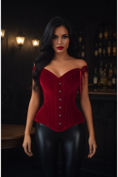 Top Drawer Dark Red Velvet Steel Boned Corset w/Straps