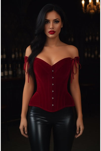 Top Drawer Dark Red Velvet Steel Boned Corset w/Straps