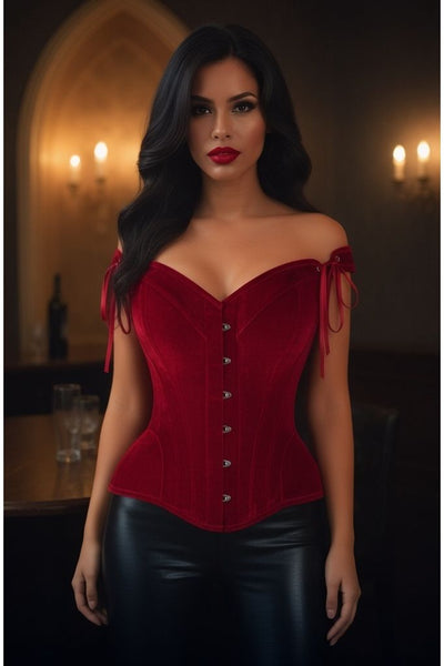 Top Drawer Dark Red Velvet Steel Boned Corset w/Straps