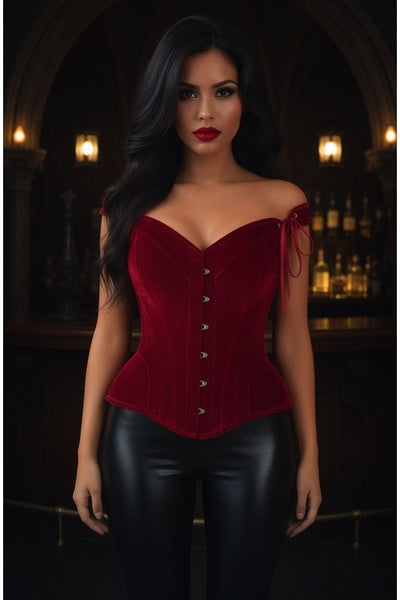 Top Drawer Dark Red Velvet Steel Boned Corset w/Straps