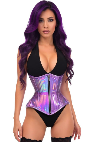 Top Drawer Lavender Holo Double Steel Boned Underbust Waist Cincher Corset