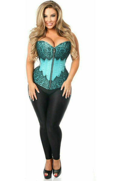 Top Drawer Teal Brocade Steel Boned Corset w/Black Eyelash Lace