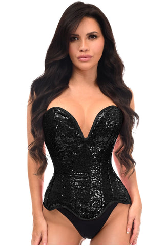 Top Drawer Steel Boned Black Sequin Plunge Neckline Overbust Corset